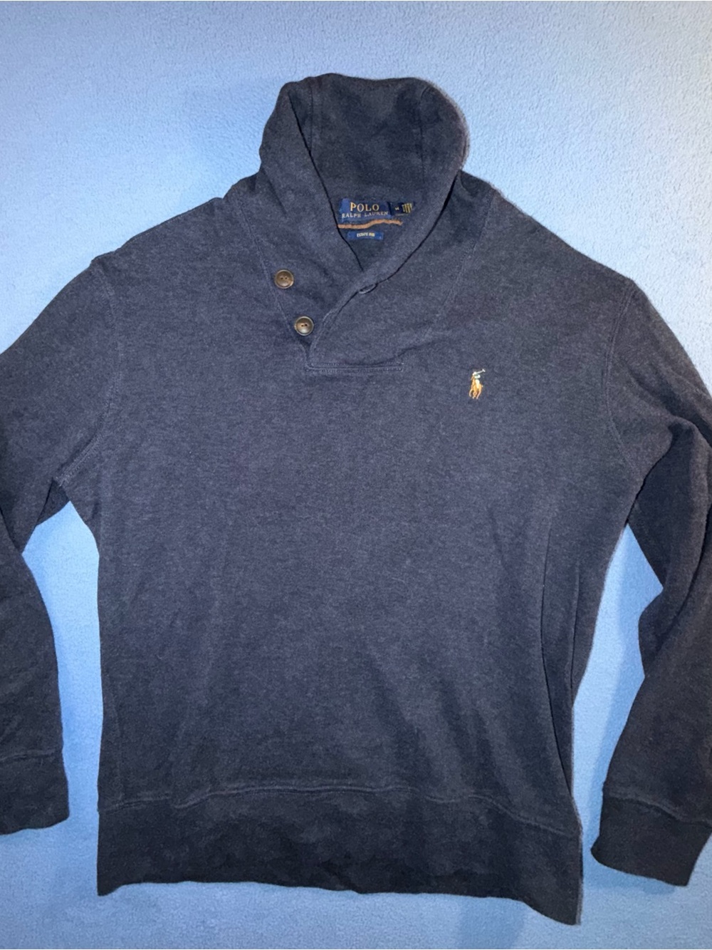 Ralph Lauren Estate Rib Navy V‑Neck Shawl Pullover with Pony Emblem